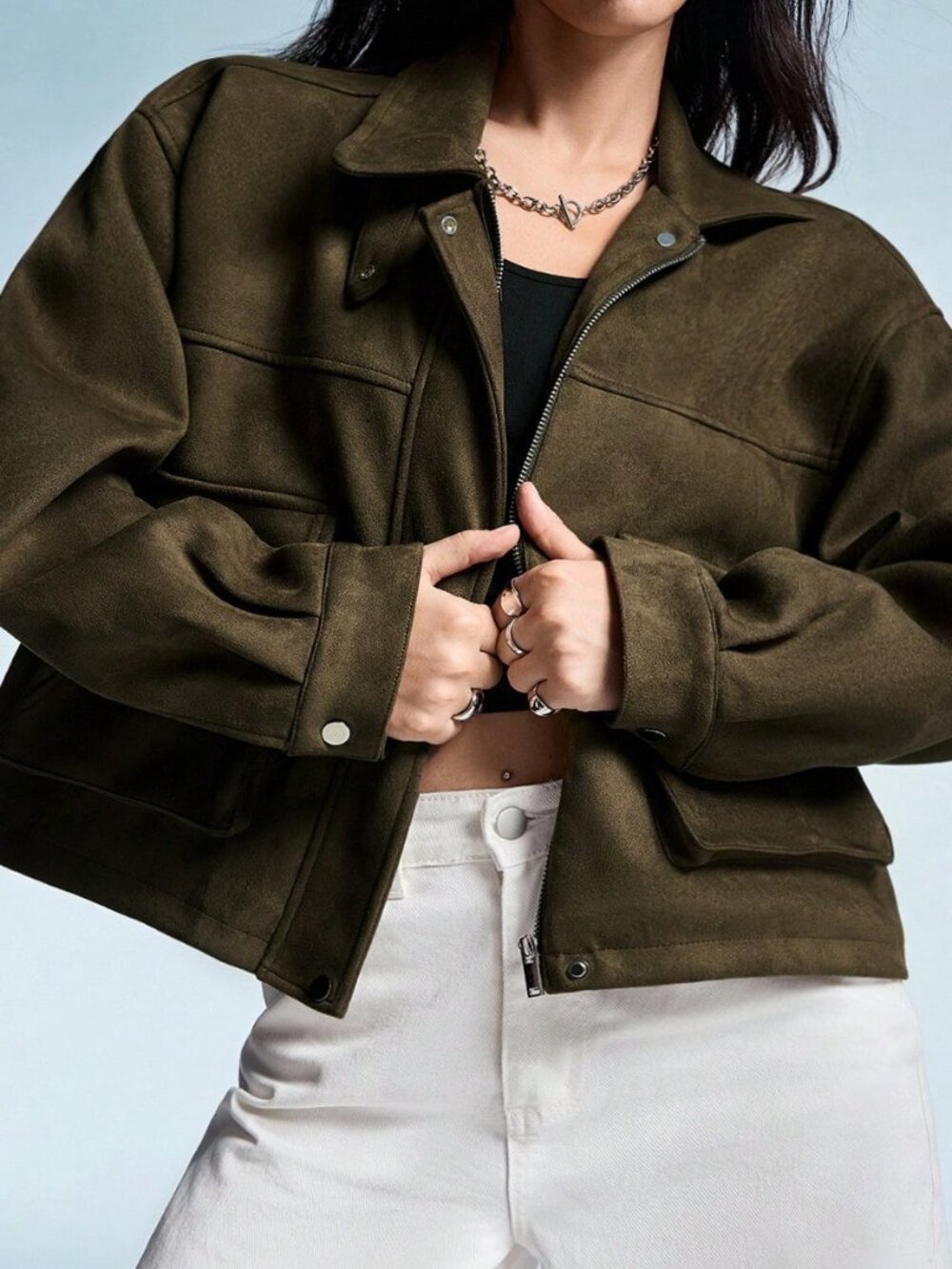 Army Green Casual Women's Suede Lapel Symmetrical Pocket Jacket - Picture 5 of 6